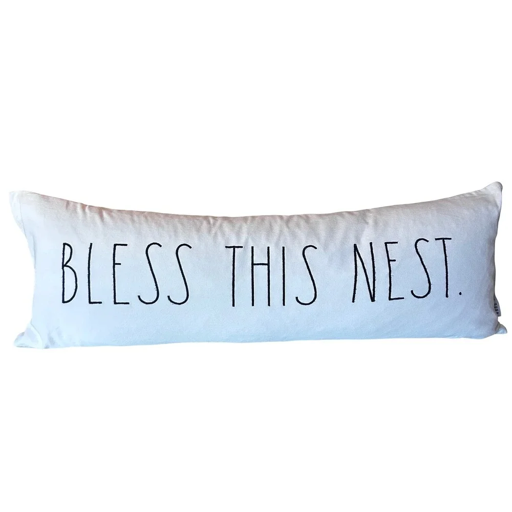 Rae Dunn Bless This Nest Lumbar Pillow White Farmhouse Decorative Accent Cushion